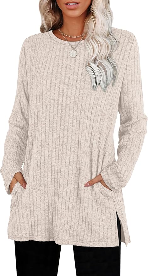 SAMPEEL Womens Sweaters Crewneck Long Sleeve Shirts with Pockets Fall Outfits 2025 Fashion Winter Clothing Side Slit