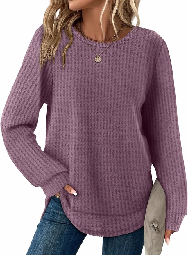 WIHOLL Tunic Tops for Women Loose Fit Dressy Waffle Knit Long Sleeve Shirts Trendy Fall Fashion Crewneck Sweaters Curved Hem