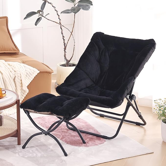 Givjoy Comfy Folded Chair with Ottoman, Oversized Folding Faux Fur Chair Soft Furry Lounge Lazy Chair with Metal Frame Moon Chair Accent Chair for Bedroom, Living Room, Dorm Rooms