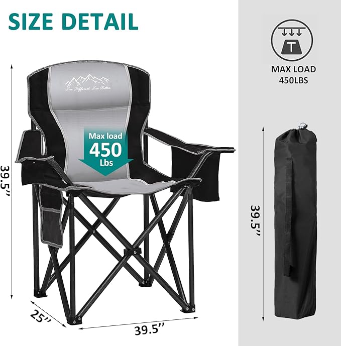 SAILARY Camping Chair Heavy Duty High Back Folding Chair with Cup Holder, 450lbs Capacity, Padded Seat, Cooler Bag & Storage Pocket, Portable for Outdoor, Beach, Fishing, Sports, Black