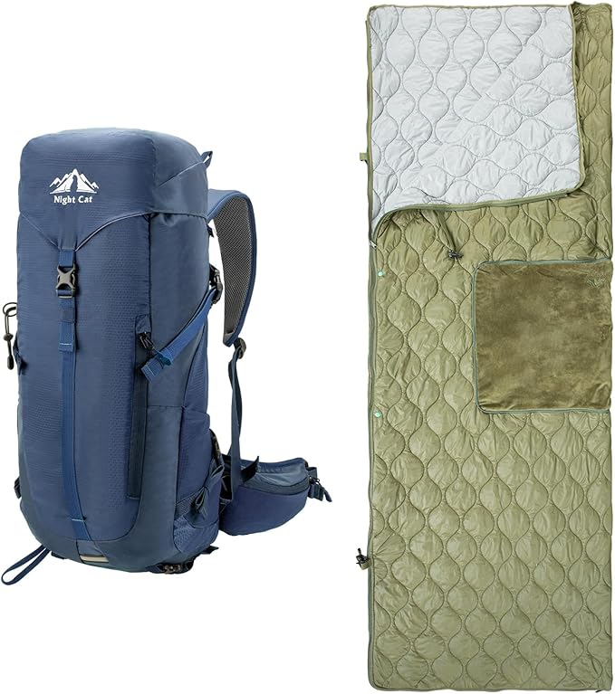 Night Cat Sleeping Bag with Internal-Frame Hiking Backpack 30L for Adults Ultralight Wearable Quilt 3 Seasons Suitable for...