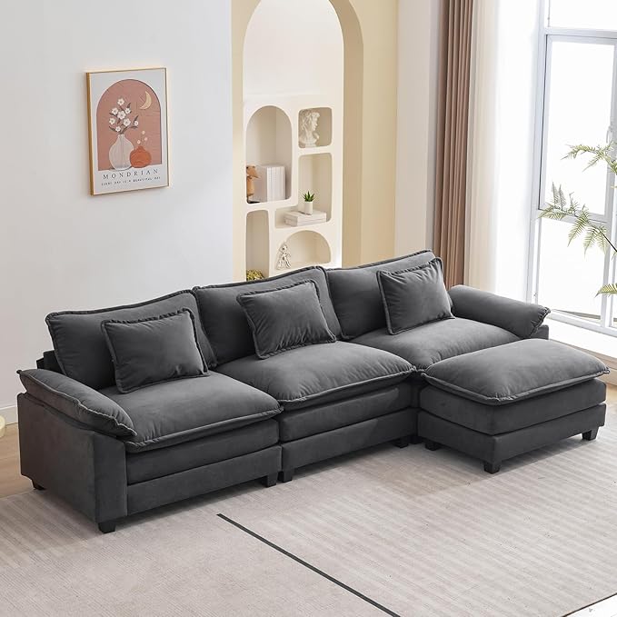 Oprisen 120" Modular Sectional Sofa, Comfy Cloud Couch Sectional Sofa with Ottoman, Velvet Sofa Sleeper Deep Seat Sofa with Throw Pillows for Living Room (Blue Gray, 120"- L Shape)