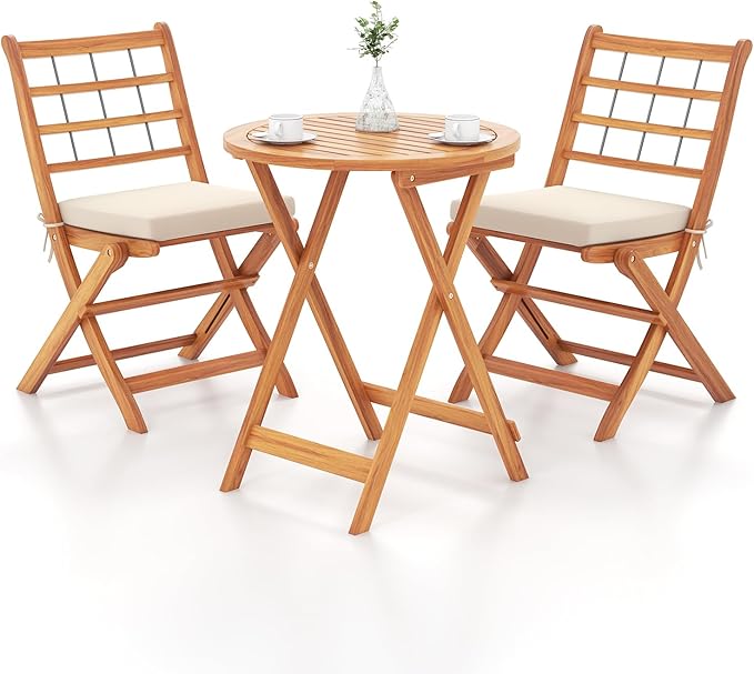Tangkula 3 Piece Patio Wood Bistro Set, Folding Table Chair Set w/Soft Seat Cushions, Acacia Wood Frame, High-Back Portabl...