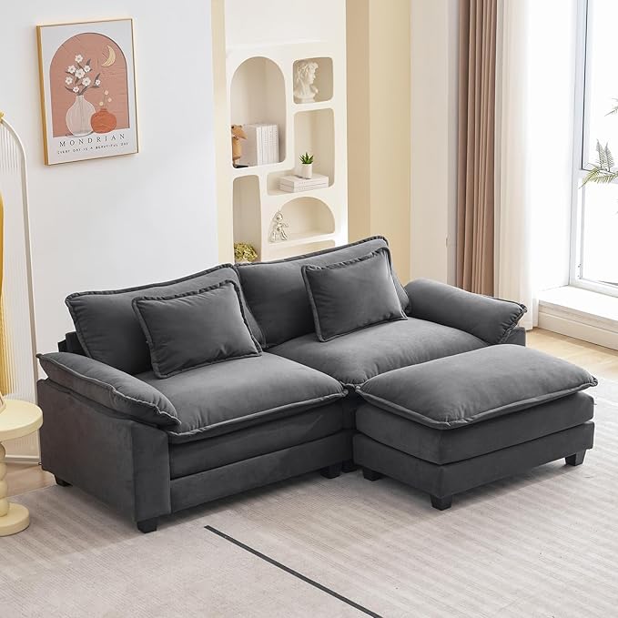 Oprisen 86" Modular Sectional Sofa, Comfy Cloud Couch Sectional Sofa with Ottoman, Velvet Sofa Sleeper Deep Seat Sofa with Throw Pillows for Living Room (Blue Gray, 86"- L Shape)
