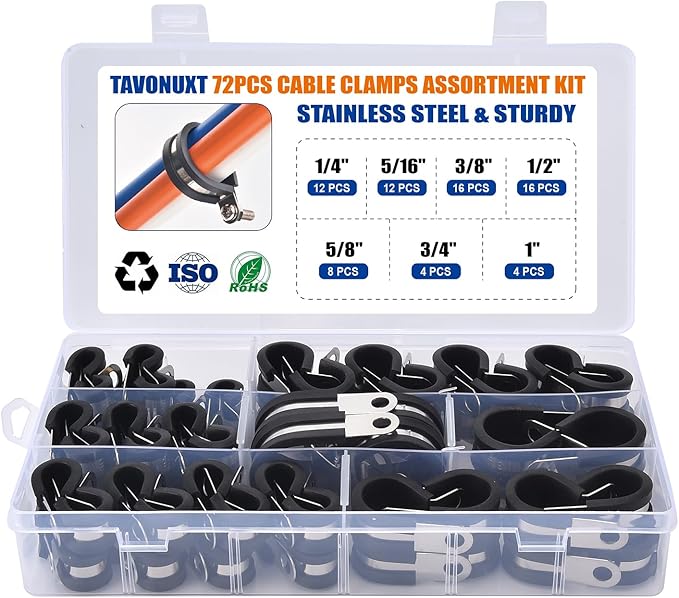 72PCS Cable Clamps Assortment Kit, 7 Sizes (1/4" to 1") Stainless Steel Rubber-Coated Cushioned Clamps, Insulated Pipe & Wire Holder for Automotive, Fuel Line, Hose, Tube