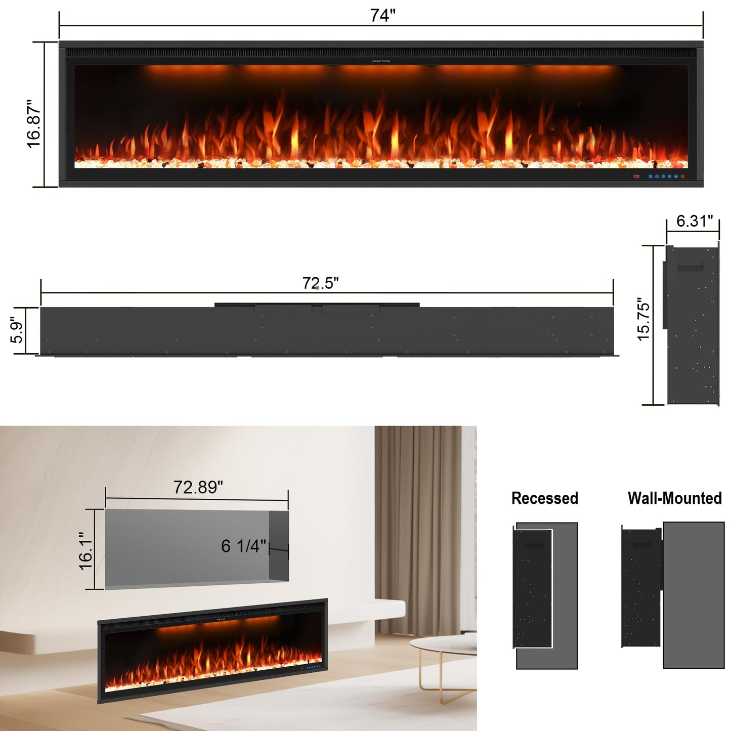 74" Smart Electric Fireplace Inserts, Slim Fireplace with APP & Alexa Control, Remote & Touch Panel, Adjustable Flame Colors & Fuel Bed Colors, Timer & Overheat Protection, 750W/1500W, Black