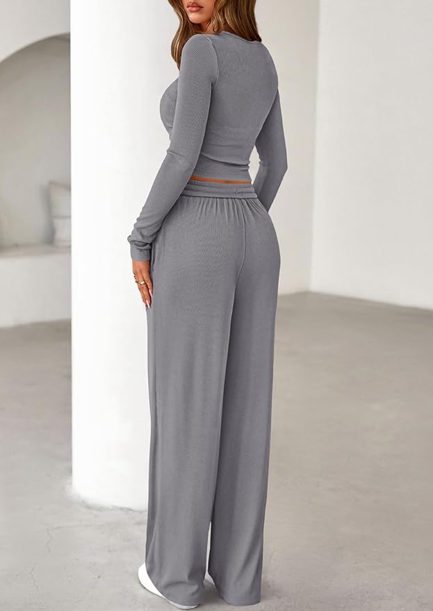 PRETTYGARDEN Women's 2026 Fall Trendy 2 Piece Outfits Lounge Sets Long Sleeve Top Henley Shirts Wide Leg Pants Travel Clothes