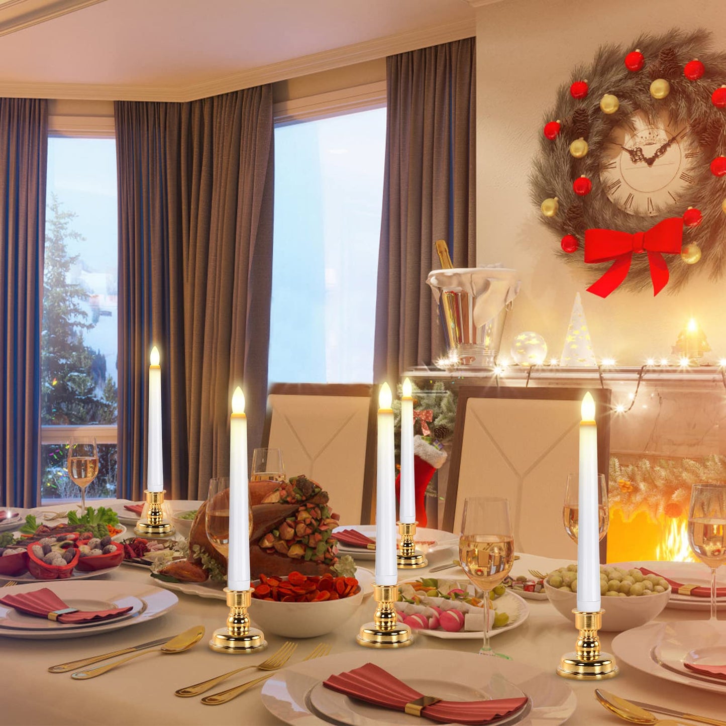 JOSU LED Window Candles, Christmas Flameless Window Candle Lights with Timer Battery Operated, 4 3D Wick Light Candle+4 Removable Gold Candleholders+Remote, for Decor &Festival Celebration