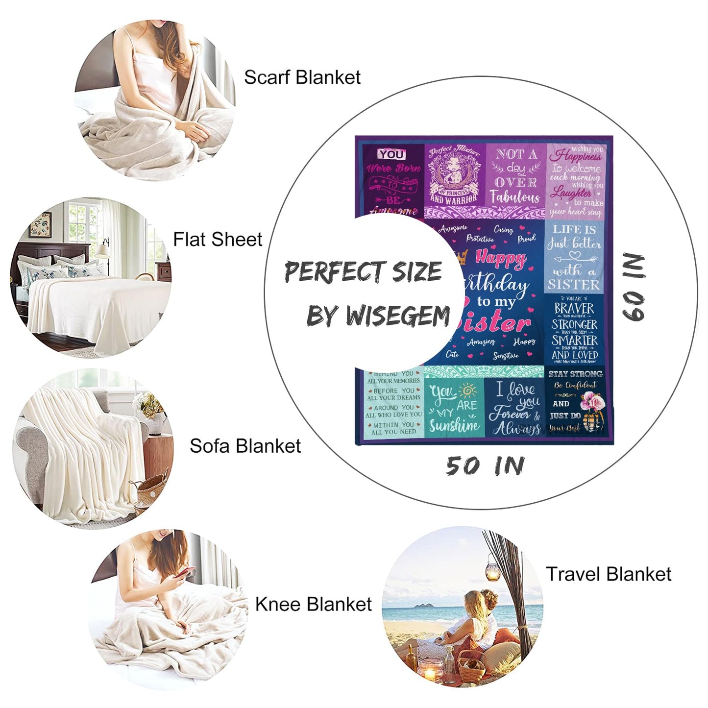 Wisegem Sister Birthday Gift Ideas - Birthday Gifts for Sister Blanket 60"x50" - Funny Sister Birthday Gifts from Sister - Happy Birthday Gift for Women Sisters - Sister Presents for Birthday Unique