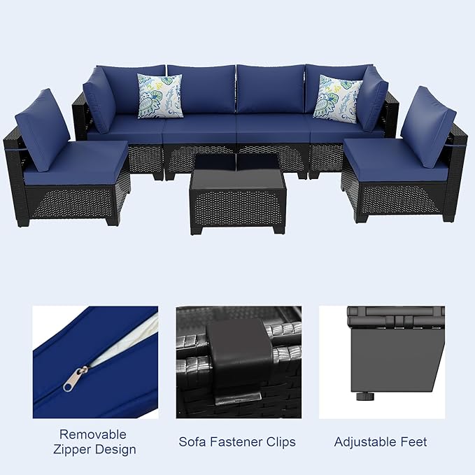 Ophelian 7 Pieces Outdoor Conversation Sectional Rattan Sofa, Patio Furniture Set, with Wicker and Cushions for Garden and Backyard, (Coffee/Deep Blue)