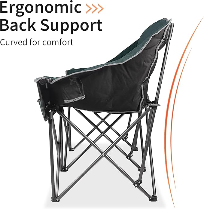 LANMOUNTAIN Fully Padded Folding Double Camping Chairs,Comfy Oversized Loveseat Lawn Chair w/Wine Glass Holder,Cup Holder,Heavy Duty Outdoor Portable Camp Couch Support 600 Lbs,Dark Green