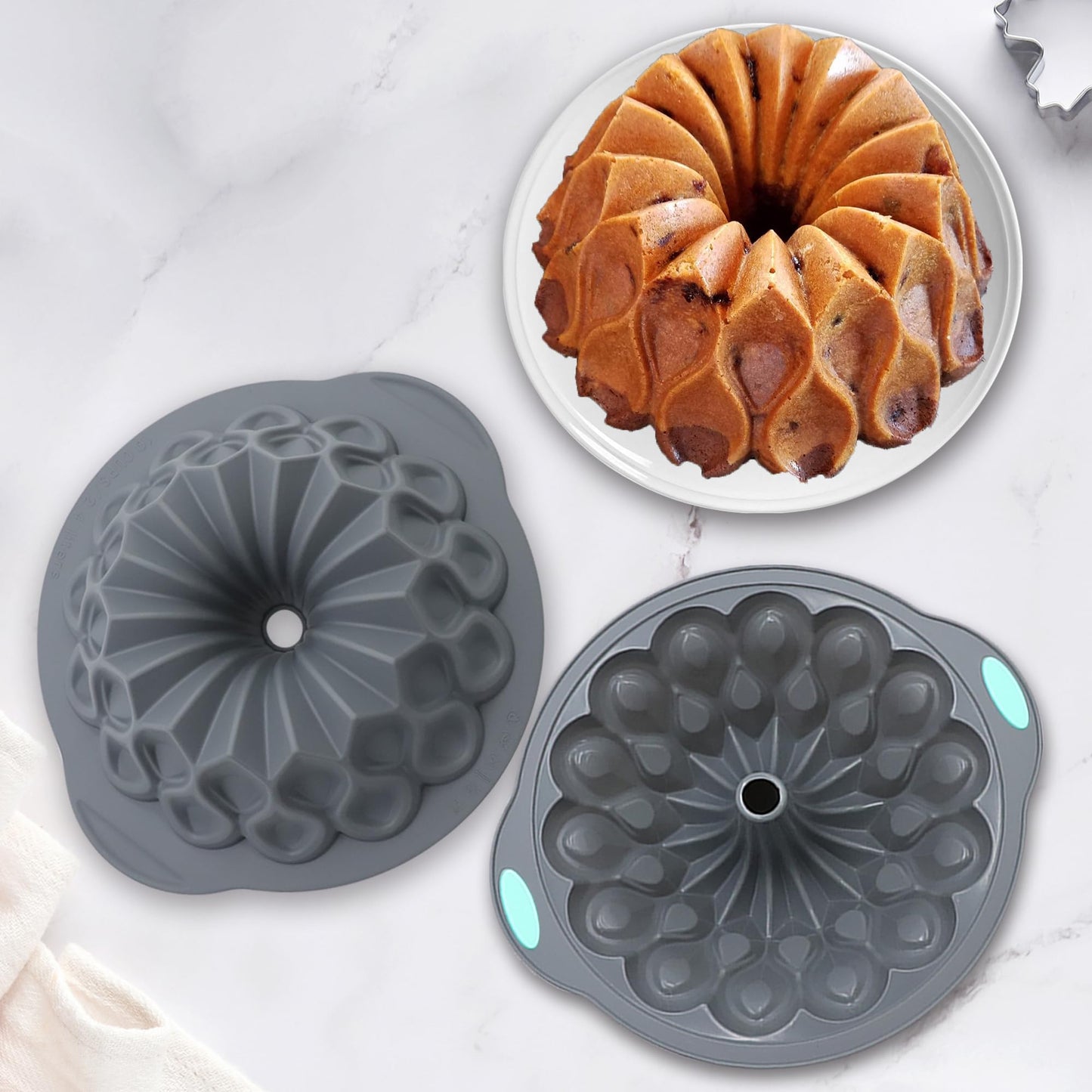 Tongjude 4 Pieces Silicone Fluted Cake Pans, 10/12 Cups Tube Baking Pan, Silicone Molds for Homemade Cake, Bread and Jello, Non-Stick, Grey