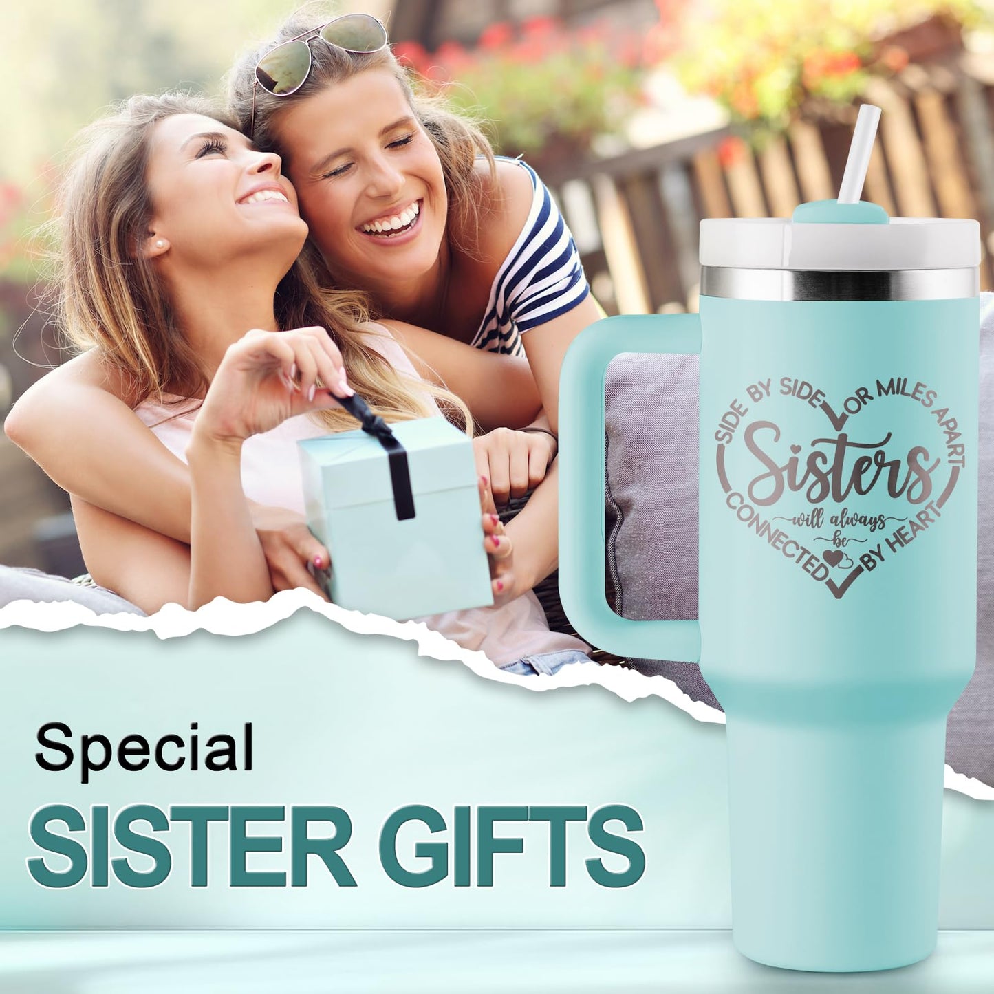 ROSTANTEN Sisters Gifts from Sister, Sister Birthday Gift Ideas, Gifts for Sisters/Sis In Law - 40 oz Travel Cup Insulated Tumbler with Handle & Straw