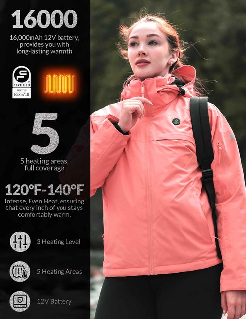 ANTARCTICA GEAR Heated Jacket, Ski Jacket Coat, With 12V/16000mAh Battery Pack, 5 Areas Heating Thicken Women Winter Coat