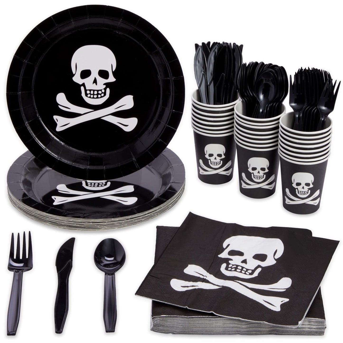 Juvale 144-Piece Skull Birthday Party Set - 24 Disposable Pirate Party Plates, Napkins, Cups & Cutlery for Birthday Decorations and Halloween Decor