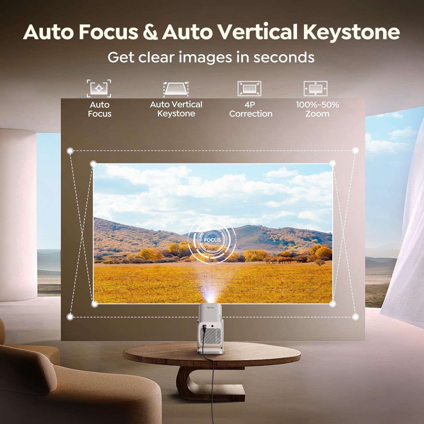 Smart Projector [Built-in Apps/4K Support/2026 Upgraded] with WiFi and Bluetooth, Native 1080P Outdoor Movie Projector, Auto Focus, Dolby Audio, TOPTRO Mini Portable Proyector w/ YouTube/Prime Video
