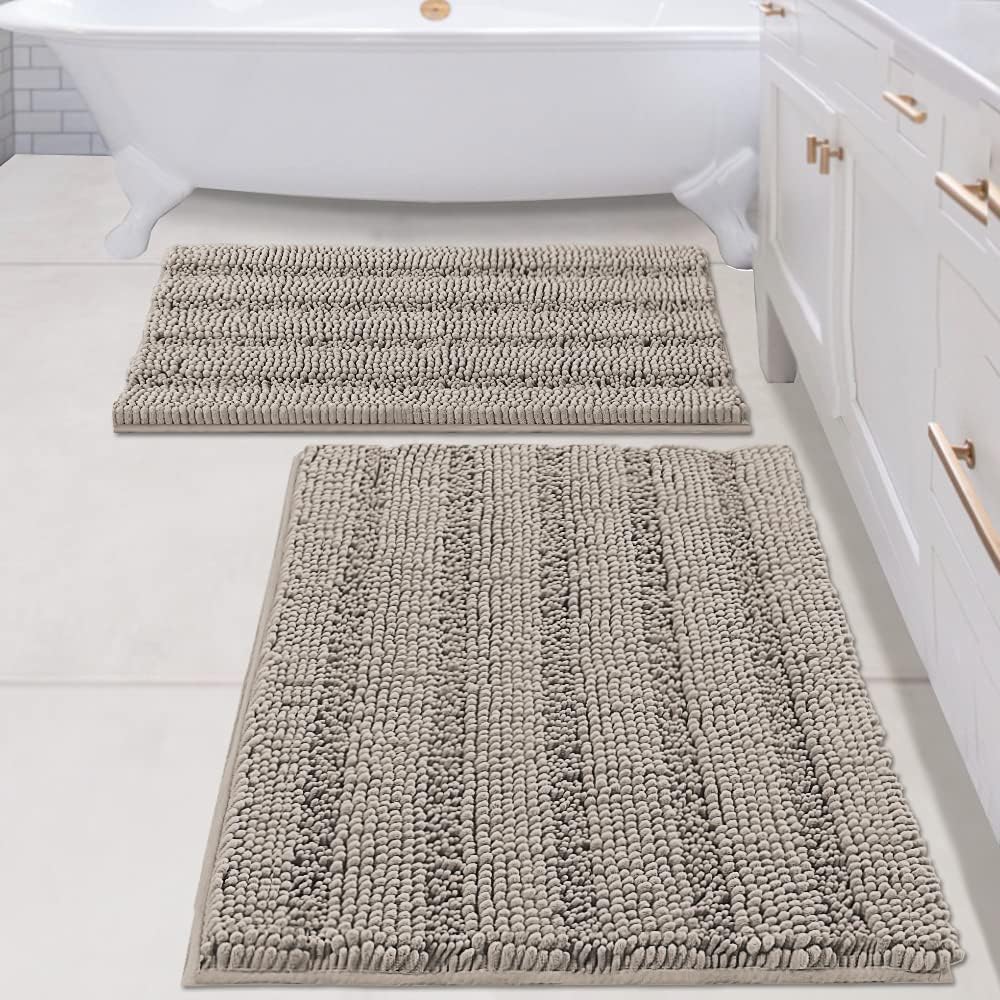 H.VERSAILTEX 2 Piece Bathroom Set - Super Absorbent Chenille Striped Bath Mats, Non Skid, Machine Washable (Taupe, 24 x 36 Plus 20 x 32 Inches)