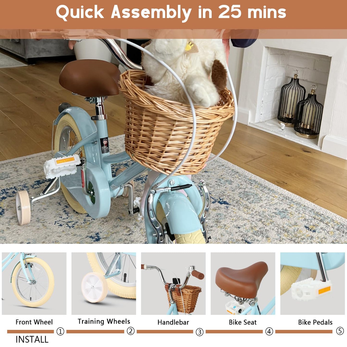 Glerc ‎Little Molly 12 Inch Kids Bike, Retro Cruiser Girls Bicycle for Children Ages 2-4 Years Old, Toddler Bike with Wicker Basket & Training Wheels, Blue