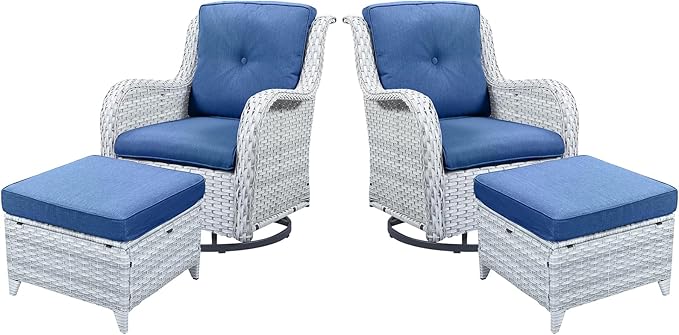 Belord 4 Pieces Patio Furniture Sets, Wicker Patio Swivel Glider Chair with Ottomans, Outdoor Furniture Set for Outside Porch Deck Balcony, Light Grey
