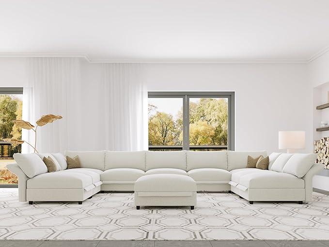 DreamDashio 193" Oversized Modular Sectional Sofa with Storage, U Shaped Sectional Cloud Couch for Living Room with Adjustable Arms Backs, Thick Cushions 10 Seater, Beige Chenille