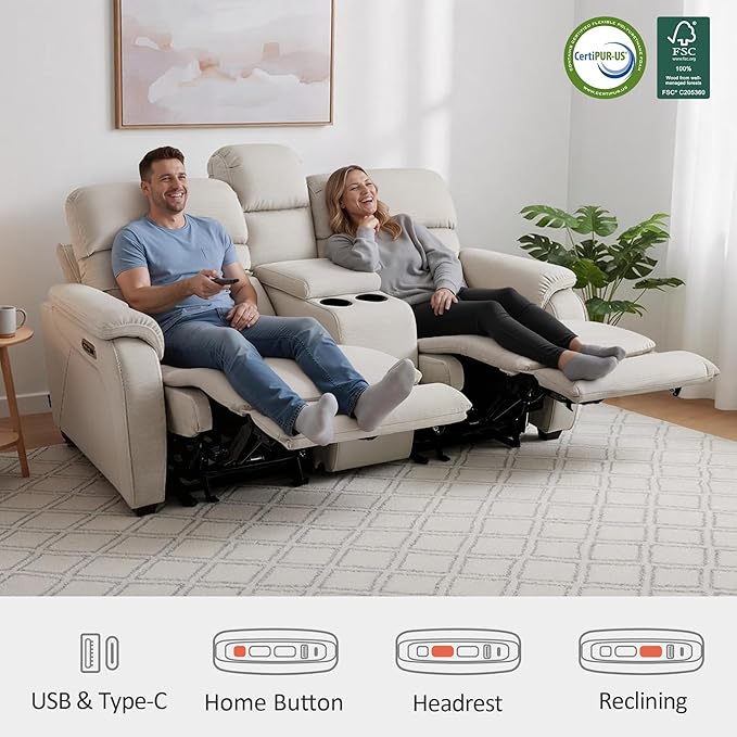 MCombo 73.8'' Wall Hugger Power Loveseat Recliner, Reclining Loveseat with Console, Adjustable Headrest, USB Charge Ports, Cup Holders, for Living Room, RVs, Small Spaces, Fabric ST258M2 (Beige)