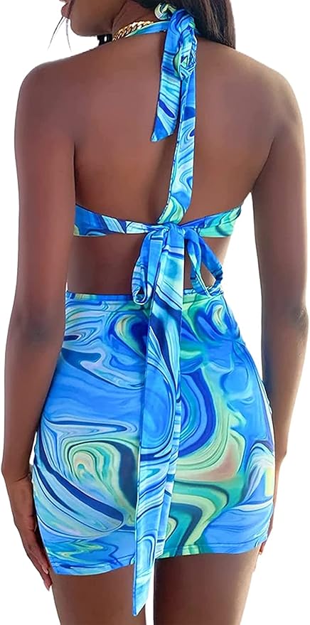 BHMAWSRT Womens Sexy Halter Tie Dye Two Pieces Sets,Y2K Fashion Outfits Sleeveless Tops and Short Skirt
