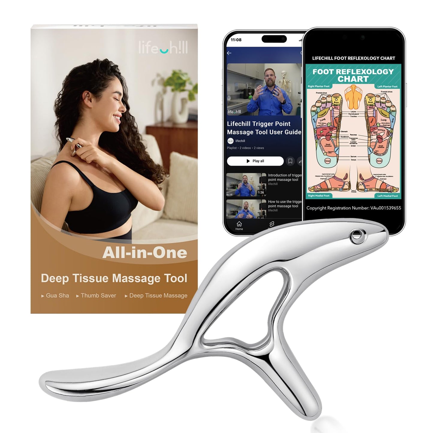 lifechill Trigger Point Massage Tool for Deep Tissue Massage & Gua Sha, Muscle Scraper Tool for Full Body Pain Relief, Thumb Saver Acupressure Tool, FSA HSA Eligible