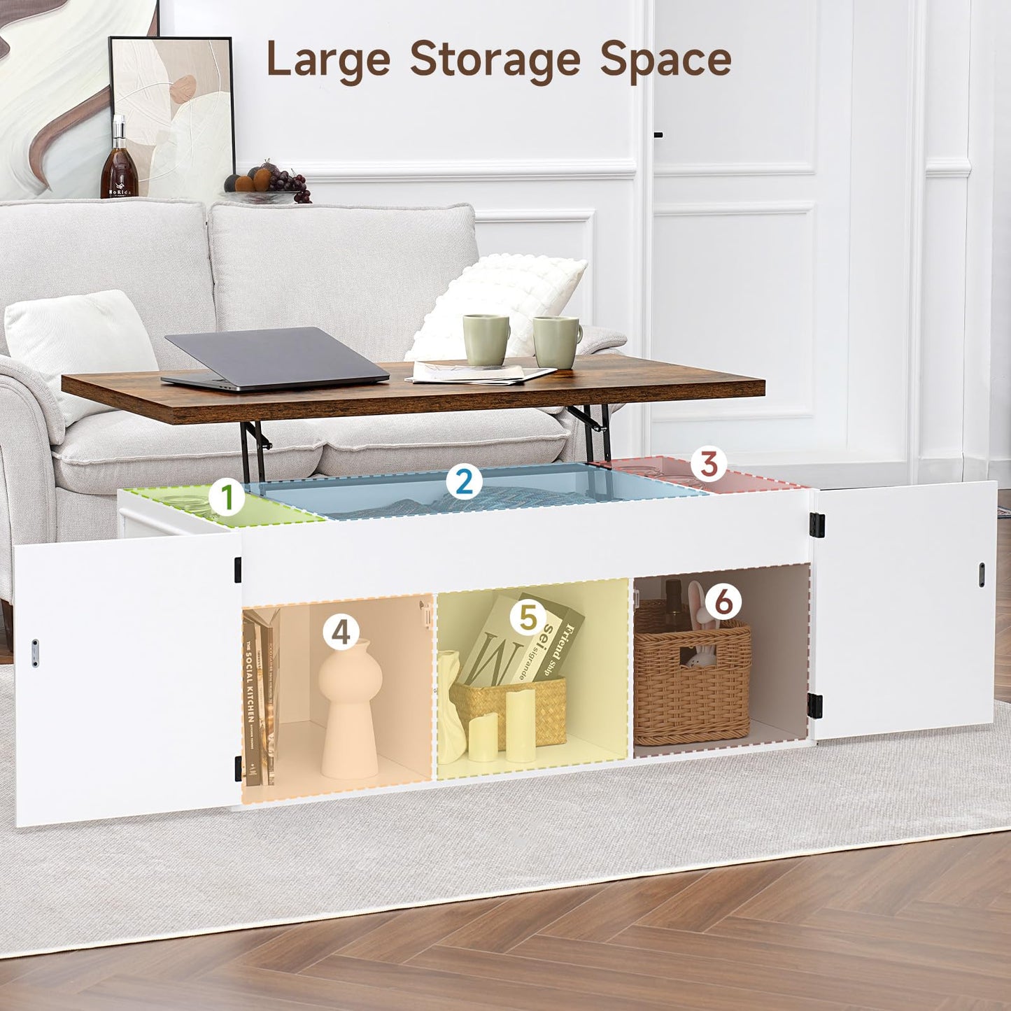 ONBRILL Lift Top Coffee Table with Storage, 48" Rustic Center Table with Hidden Storage Compartment and 2 Cabinet, White Coffee Table Converts to Dining Table for Living Room, Office