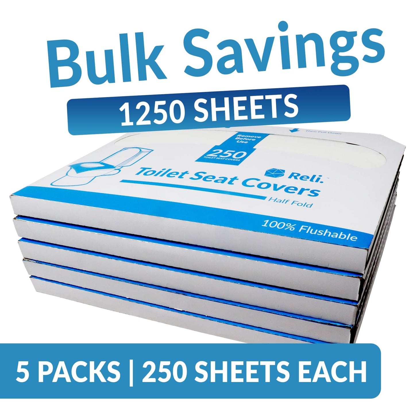 Reli. Toilet Seat Covers (1250 Pcs, 5 Packs of 250) | Disposable Toilet Seat Cover - Flushable - 14x16" (Half-Fold) | Paper Liners for Restroom, Bathroom, Travel, Camping, Kids Potty Training