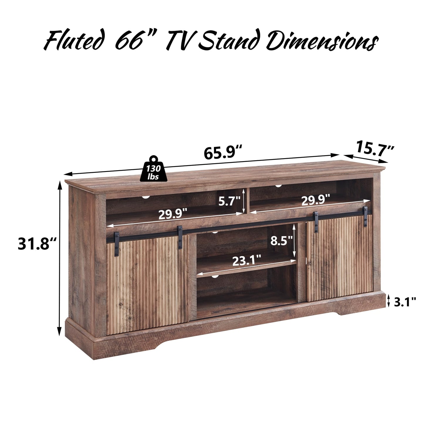 Fluted TV Stand for 75 Inch TVs, 32" Tall Modern Entertainment Center with Waveform Panel Sliding Door, Media Console Cabinet with Storage & Adjustable Shelf for Living Room, 66 inch-Light Brown