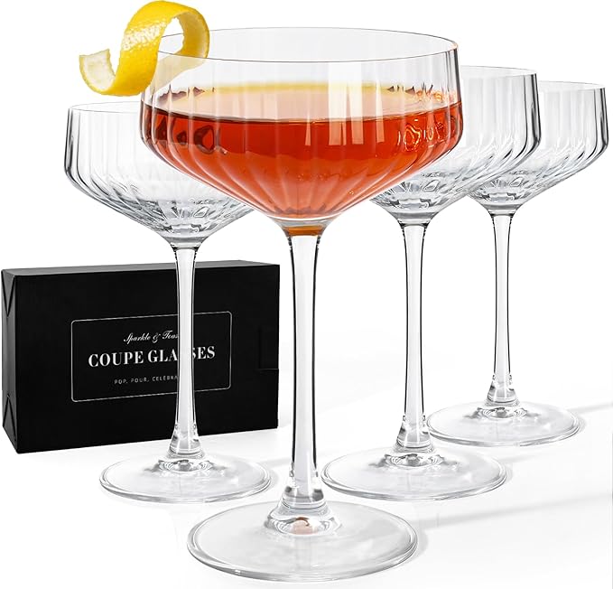 VIMERPA Coupe Glasses, 10oz Ribbed Coupe Martini Glass Set of 4, for Martini Cocktail, Wine, Champagne, Espresso, Crystal ...
