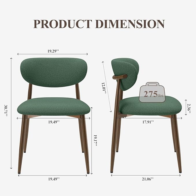 MALOL Dining Chairs Set of 2, Upholstered Dining Room Chairs with Metal Legs and Anti Slip Pads, Curved Back Kitchen Chair for Home and Restaurant Use, Green