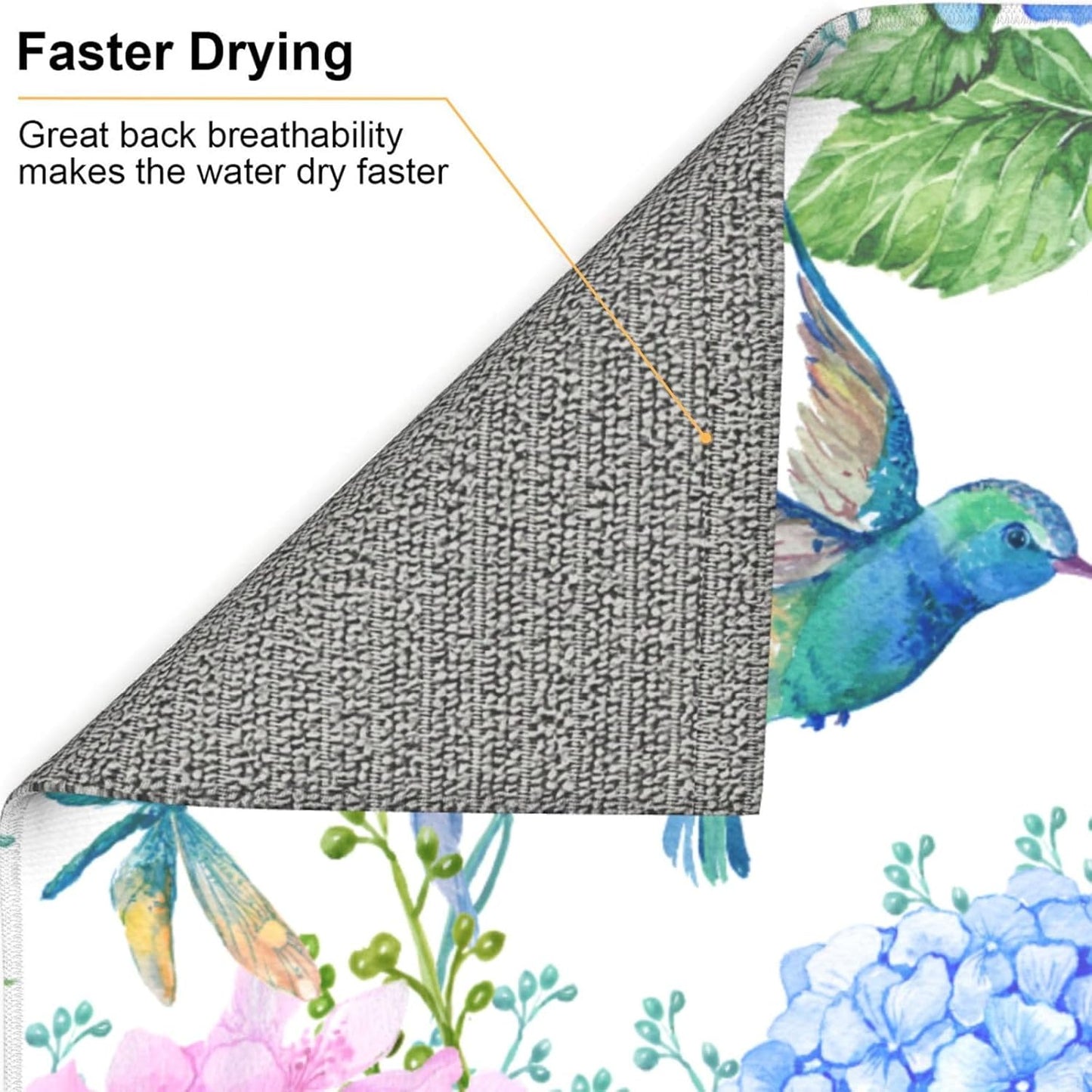 Dish Drying Mat Spring Hummingbird Flower Hydrangea for Kitchen Counter Absorbent Dishes Drainer Microfiber Small 16x18 Inch