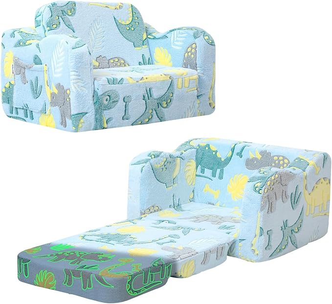 MeMoreCool Toddler Chair – Convertible Glowing Dinosaur Flip-Out Kids Sofa | 1–3 Years | Soft Foam Couch for Playroom, Reading & Relaxing | Fold-Out Lounge Seat with Washable Cover