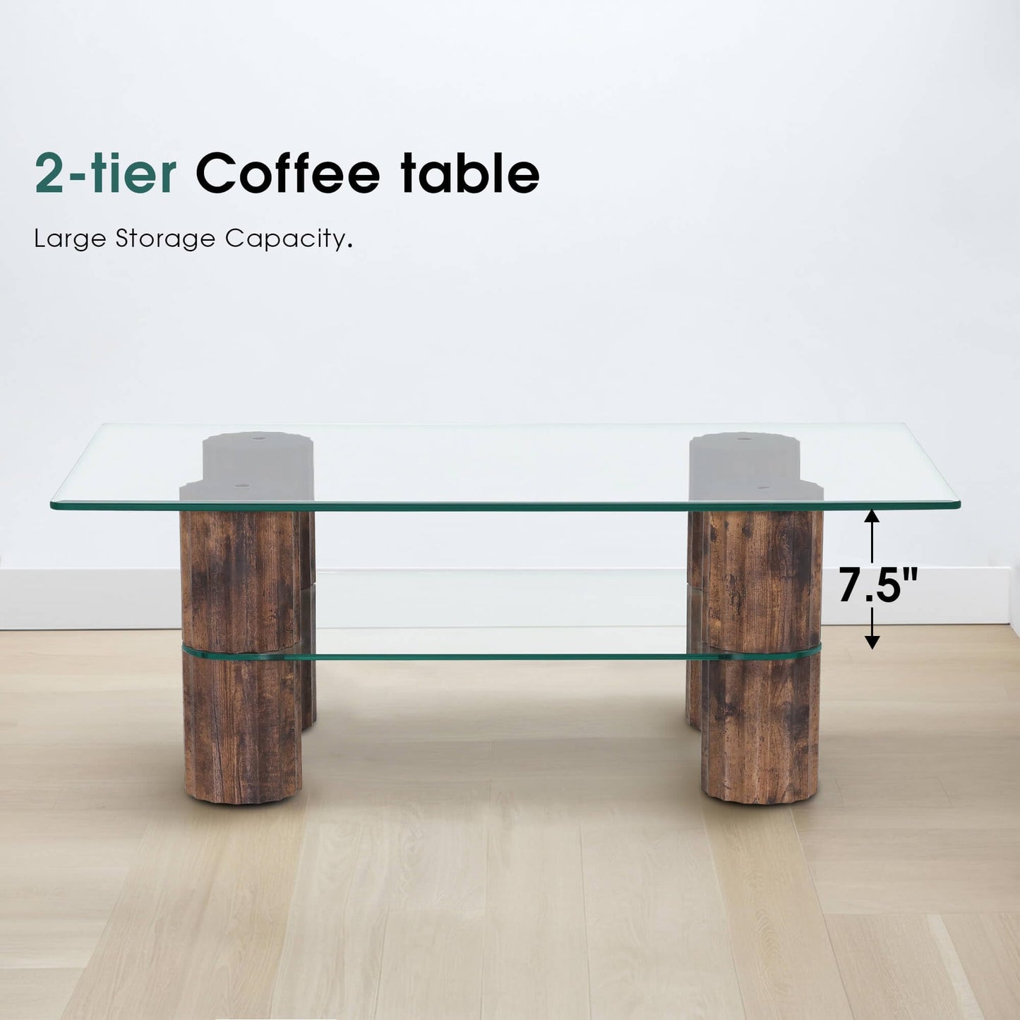 ivinta Glass Coffee Table with Storage Shelf, Modern Rectangular Center Table with Wooden Legs for Living Room, Office, Easy Assembly (44", Rustic Brown)
