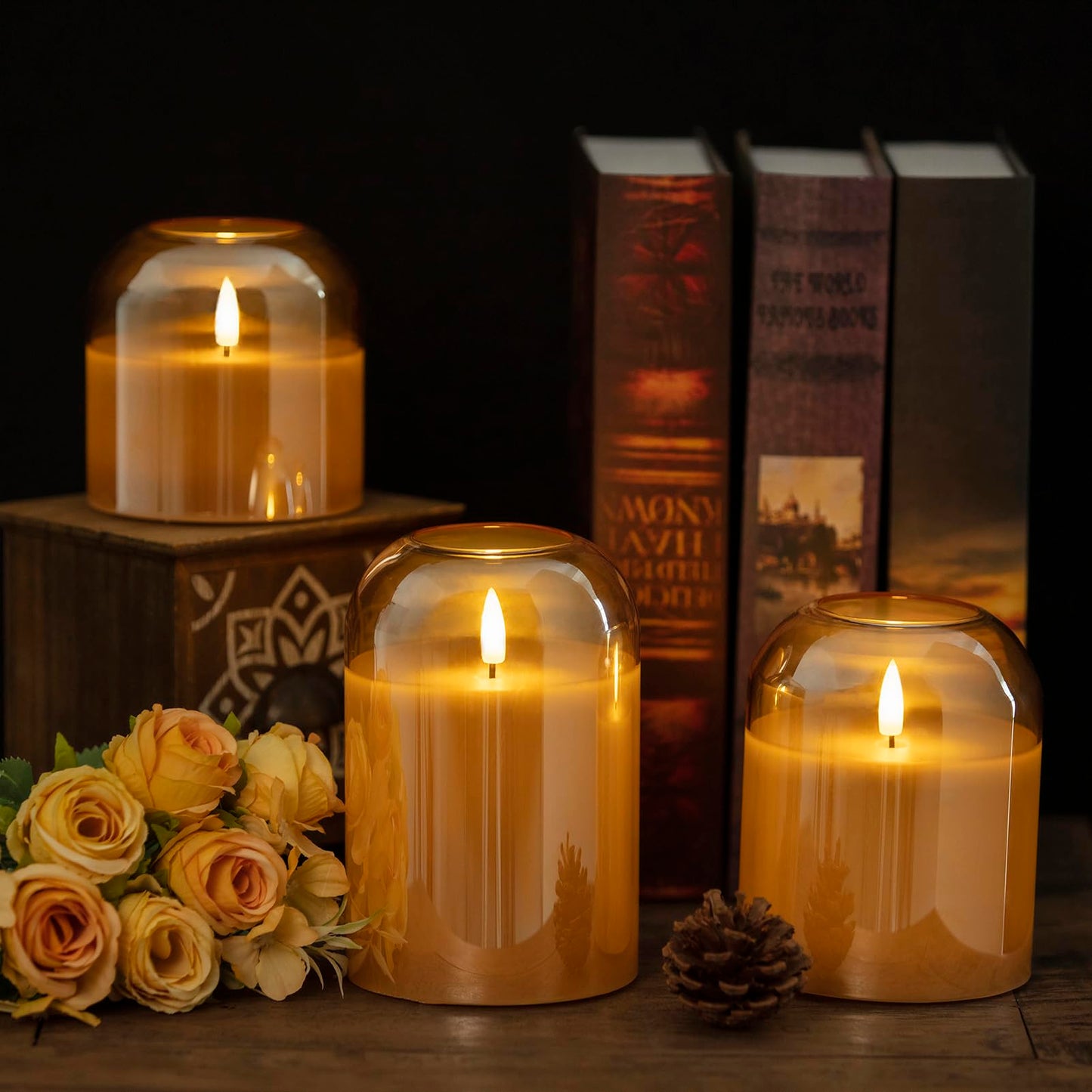 volnyus Gold Glass Flameless Candles with Remote Battery Operated Flickering LED Pillar Candles Real Wax 3D Wick Φ 4" H 4" 5" 6"