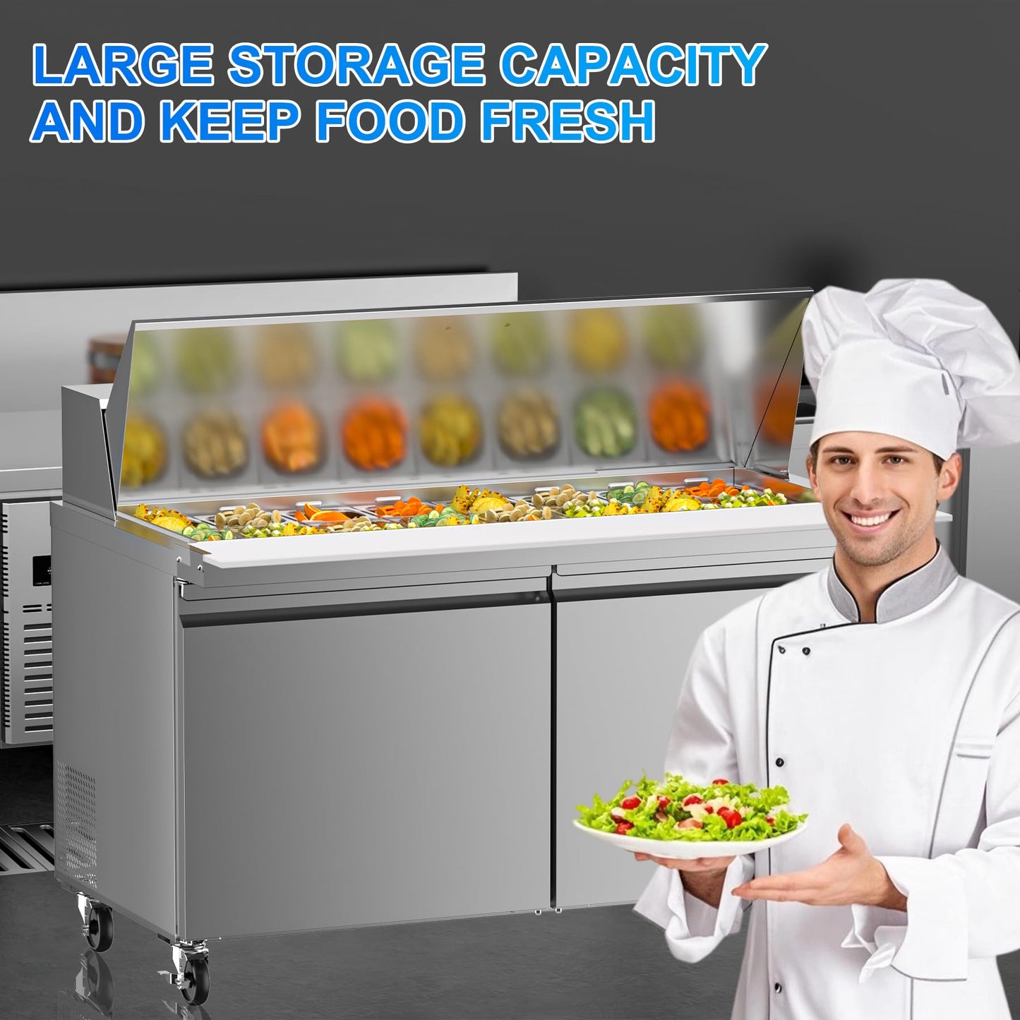 Rockitch 60" W Commercial Refrigerator Sandwich Salad Prep Table, 17.8 Cu.ft 2 Door Commercial Stainless Steel Mega Top Food Prep Fridge with 24 Pans, Salad Prep Station for Restaurant, Bar, Shop