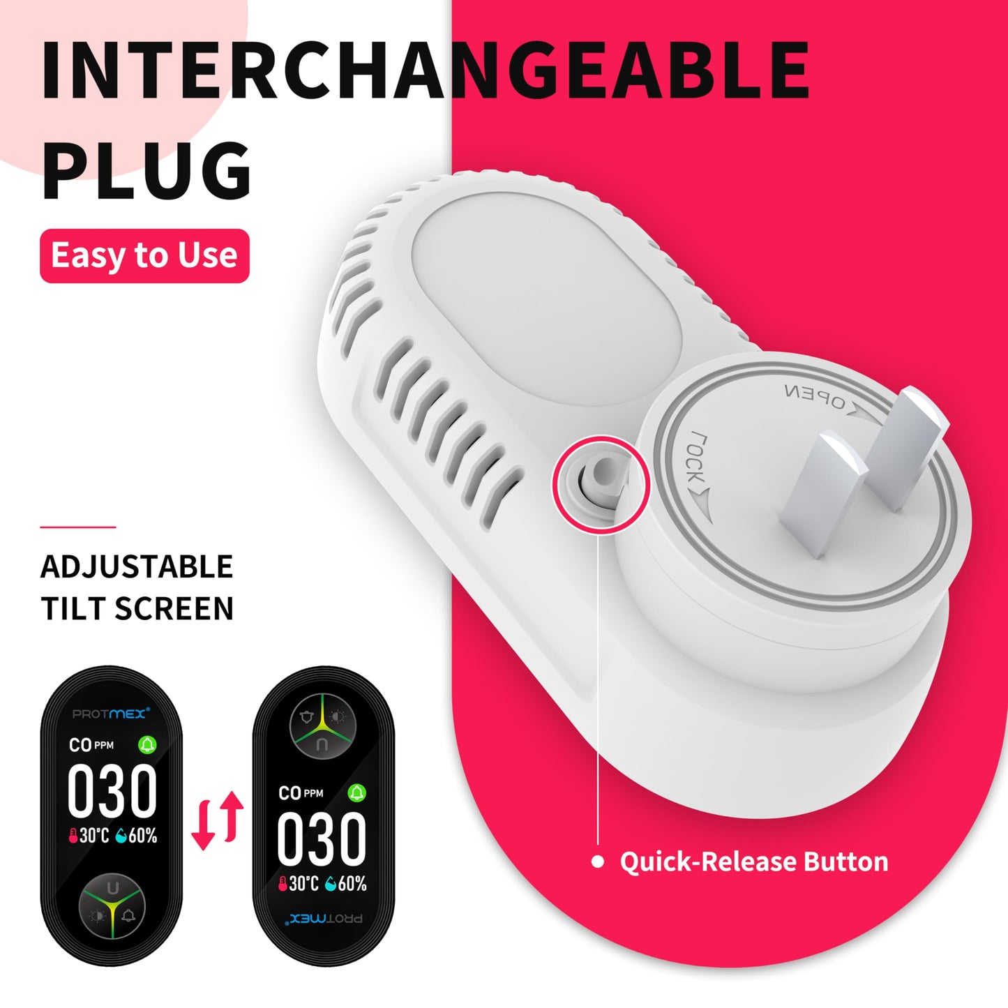 Protmex 4-in-1 Carbon Monoxide & Gas Detectors Plug in Large LCD Screen, Home CO Gas Detector with Temperature & Humidity Monitoring - 4 in 1 CO and Gas Detector Easy Installation for Home Travel