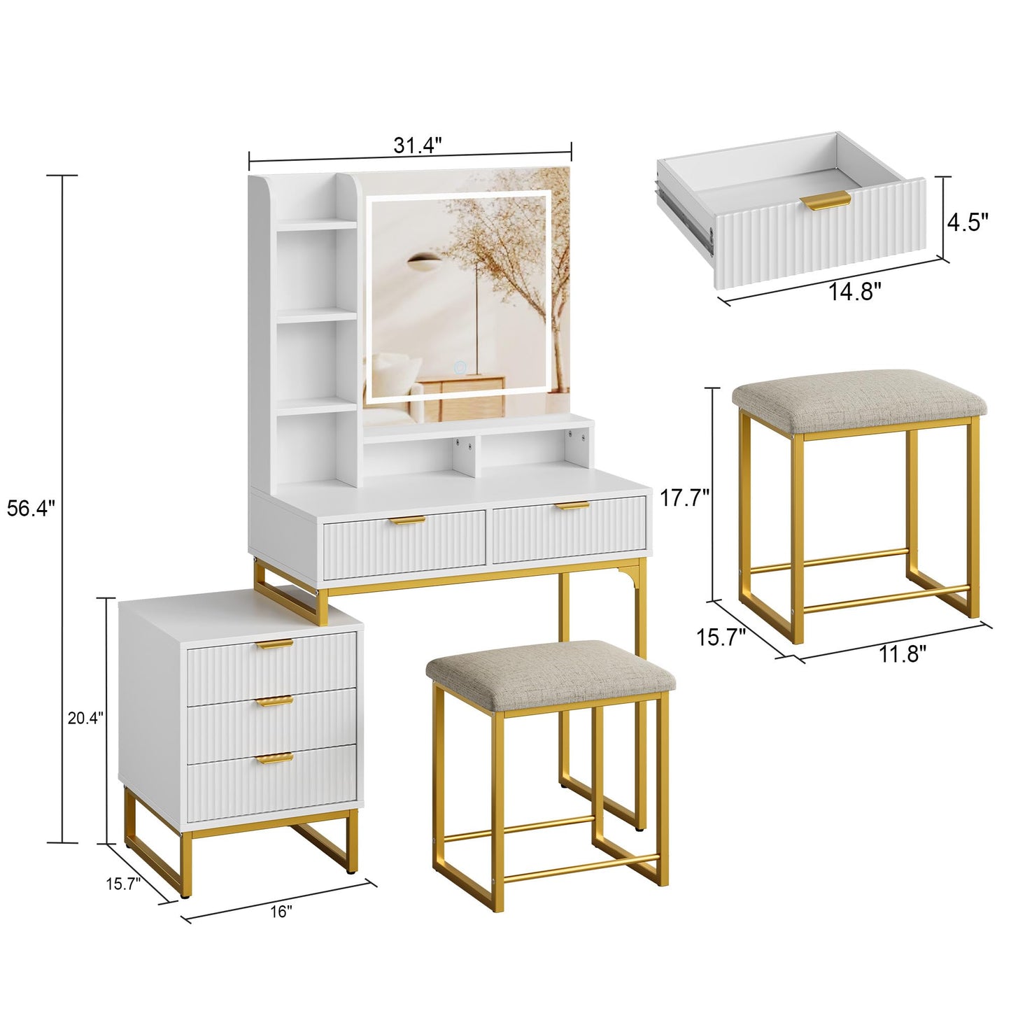Garvee Makeup Vanity Desk with Mirror and Lights, Vanity Table with 5 Drawers, Vanity Set with Stool and Removable Side Storage Cabinet for Bedroom, White & Gold