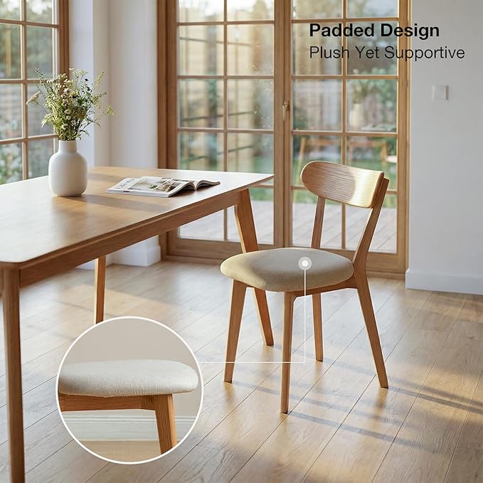 Bamskov 100% Solid Wood Dining Room Chairs - Practical Kitchen Chairs - Wood Chair for Dining Room, Kitchen (2, Natural with White Cushion)