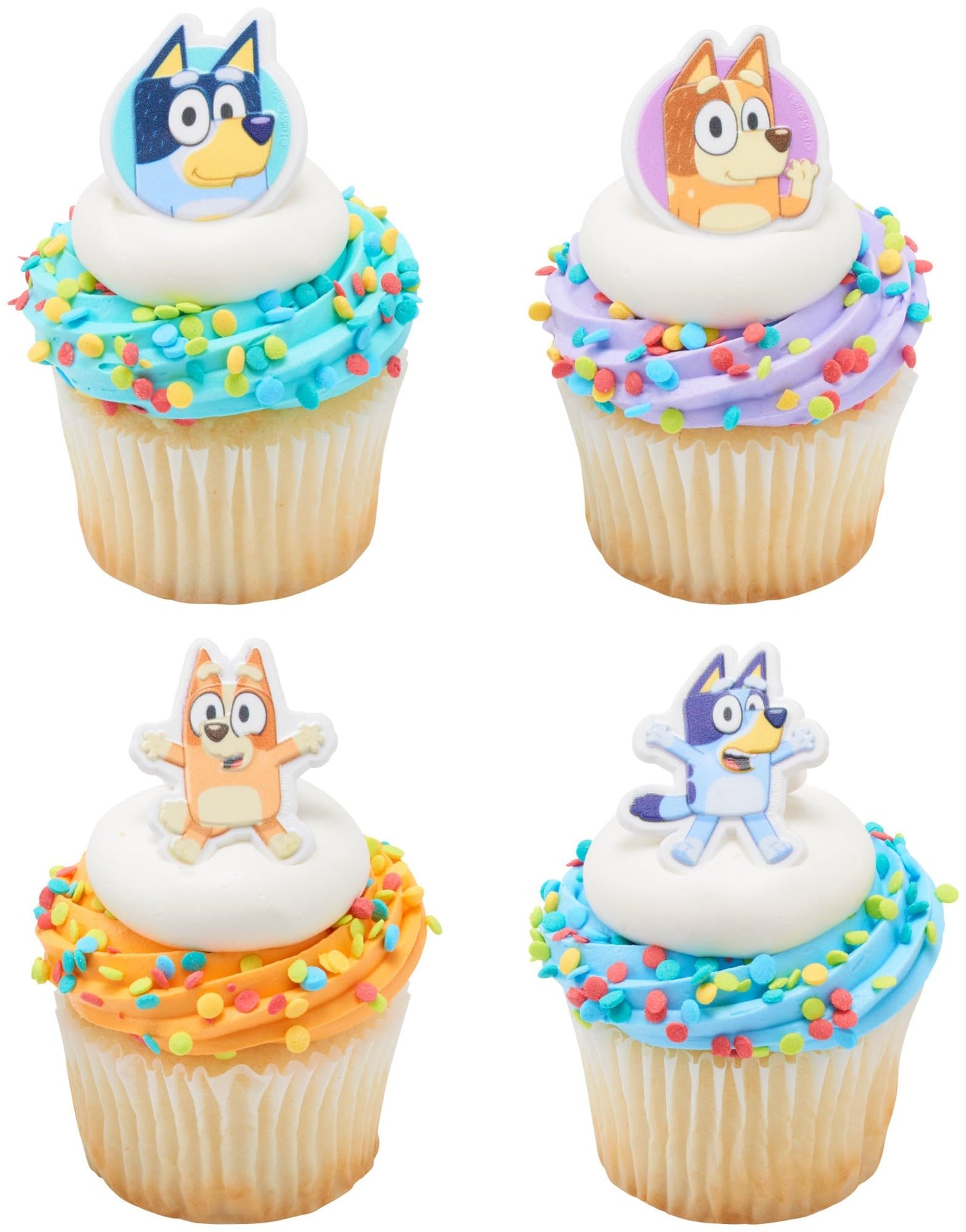 DecoPac Bluey So Much Fun Rings, 24 Cupcake Decorations Featuring Bluey, Bingo, Bandit, and Chilli, 3D Food Safe Cake Toppers – 24 Pack