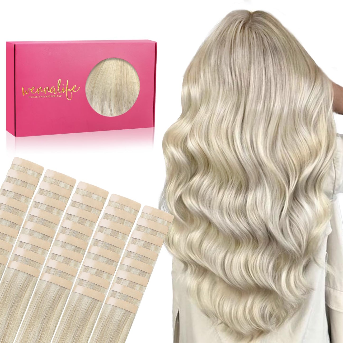 WENNALIFE Tape in Hair Extensions Human Hair, 40pcs 60g 10 inch Ash Blonde Highlighted Platinum Blonde Hair Extensions Real Huma