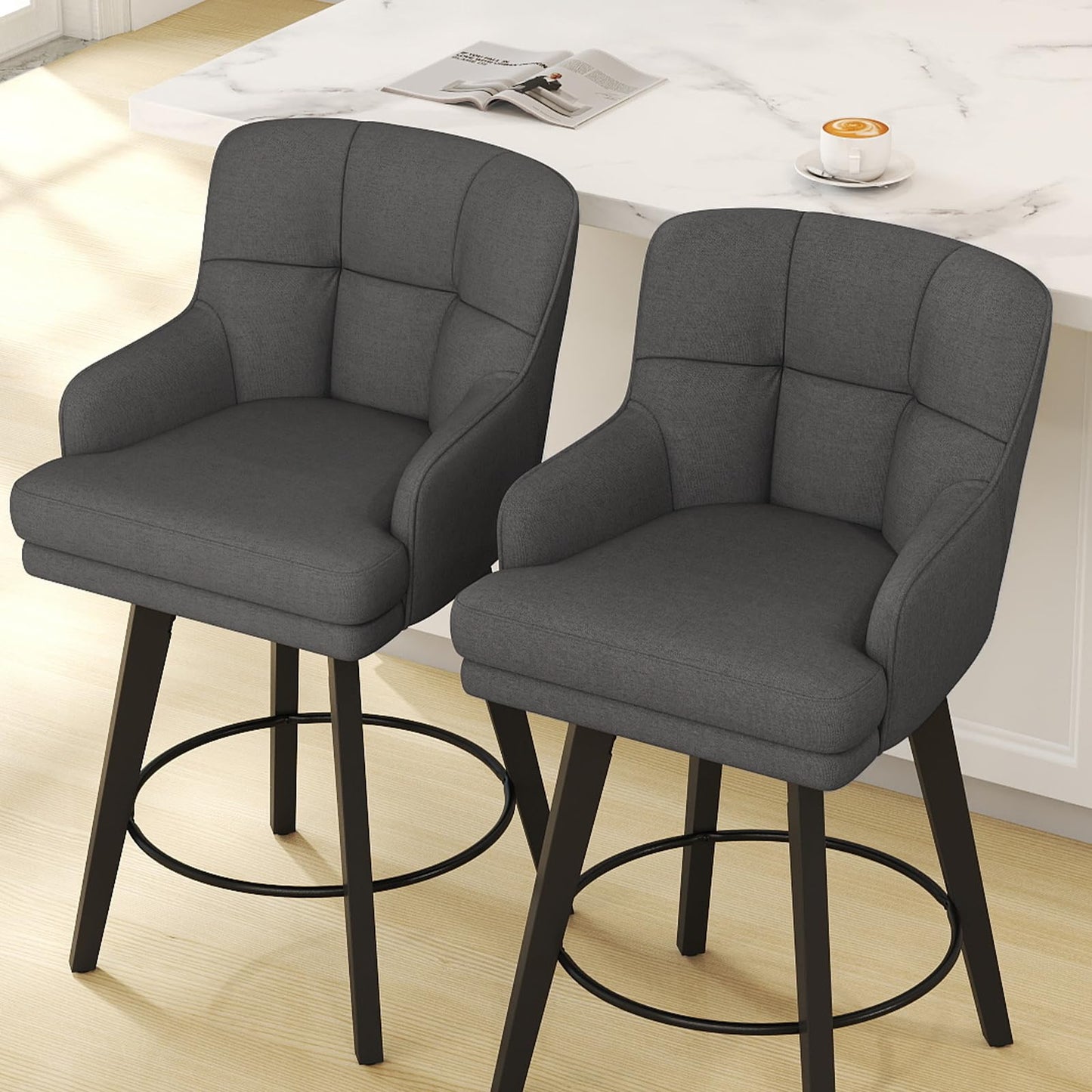 SAECKBERG 360°Swivel Counter Height Bar Stools with Back, 26 inch Solid Wood Legs, Bar Stool Modern Kitchen Island Chairs, Fabric (Black Grey- Fabric, 26" H- Set of 2)
