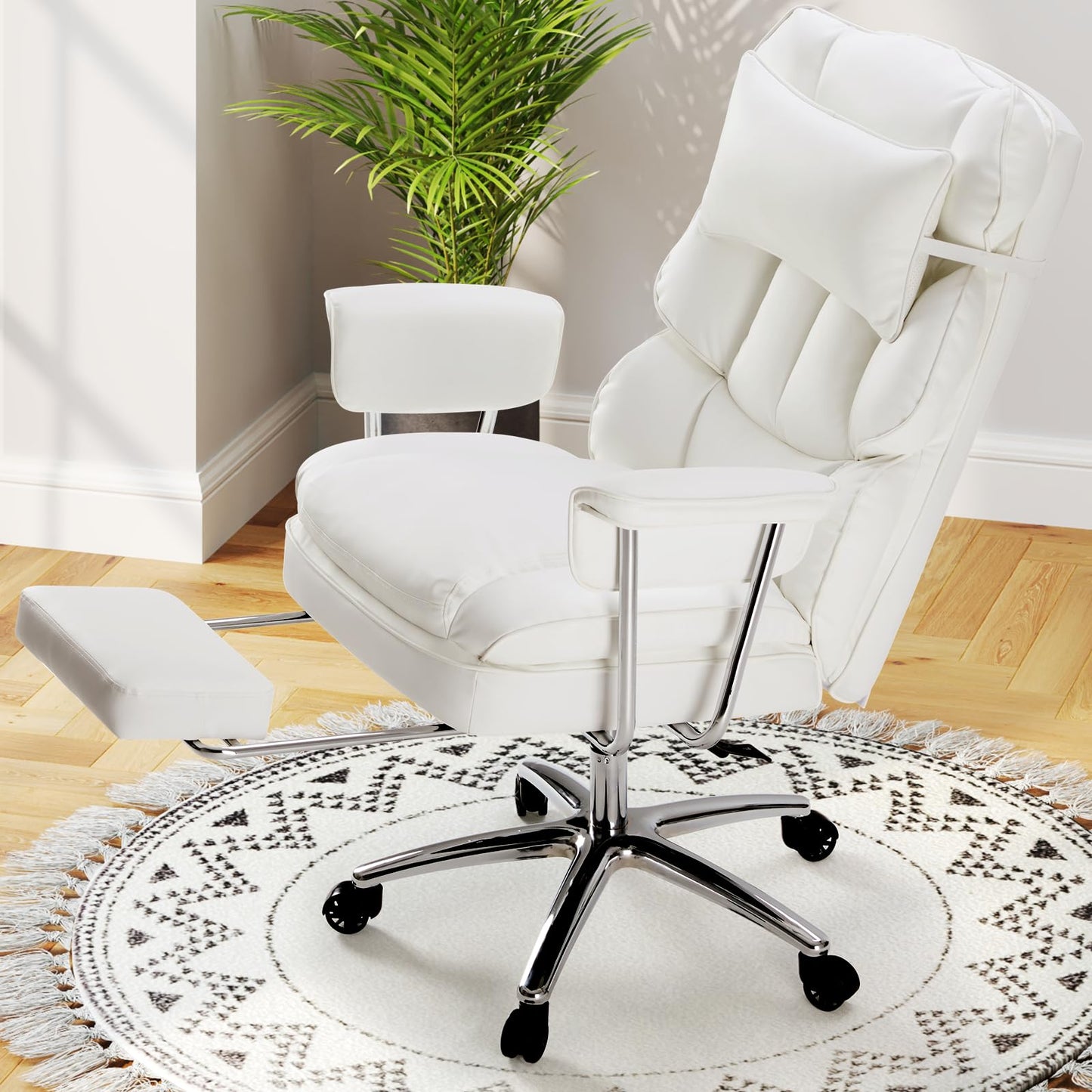 DUMOS Home Office Desk Executive Chair - Ergonomic Big Tall High Back with Footrest & Lumbar Support, Reclining Height Adjustable, Comfy PU Leather Computer Gaming with Swivel Wheels, White