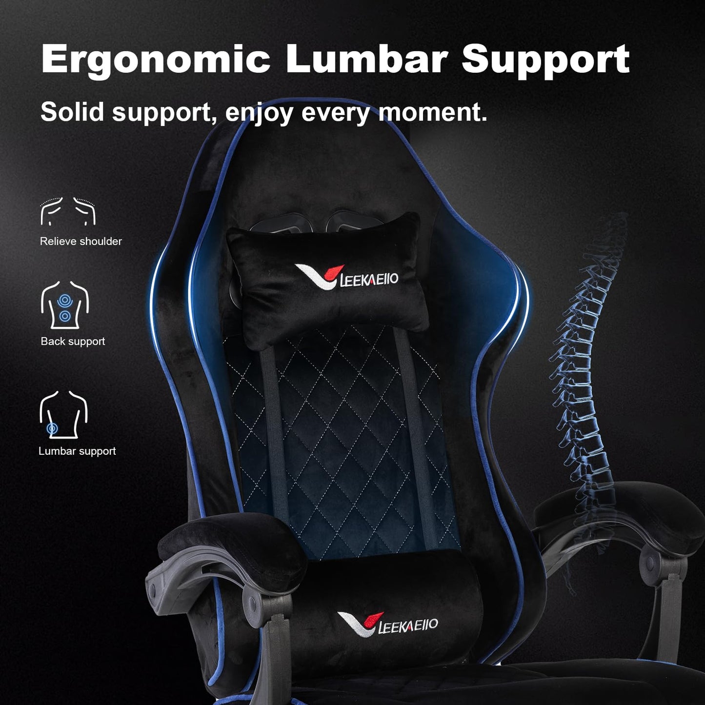 Velvet Gaming Chair for Adults with Pocket Spring Cushion Seat,Soft Gaming Chair Fabric with Extendable Footrest, Swivel Recliner with Ergonomic Lumbar Support and Headrest for Home/Office(Blue)