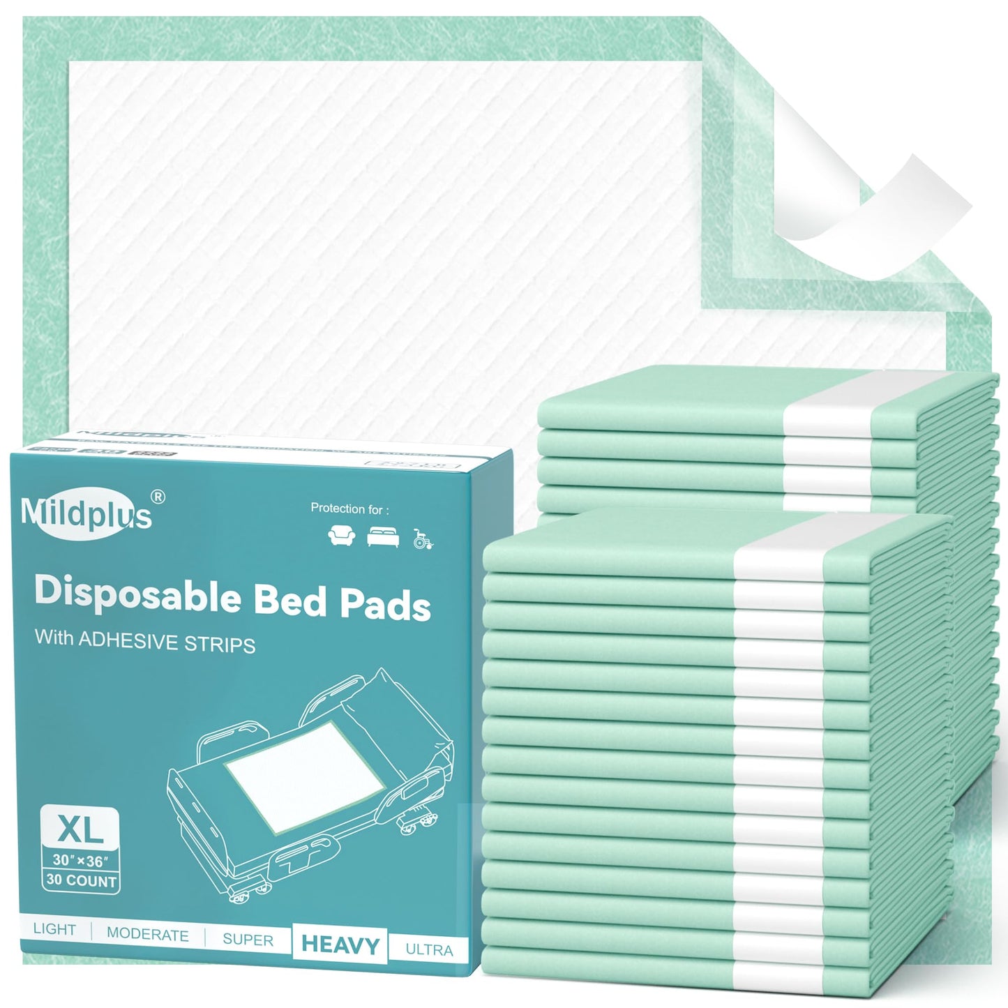 MILDPLUS Bed Pads with Adhesive Strips 30''X36'', 10 Count Chucks Disposable Underpads Extra Large Thicker Incontinence Pads for Unisex Adult, Senior, Kids and Pet (with Adhesive )