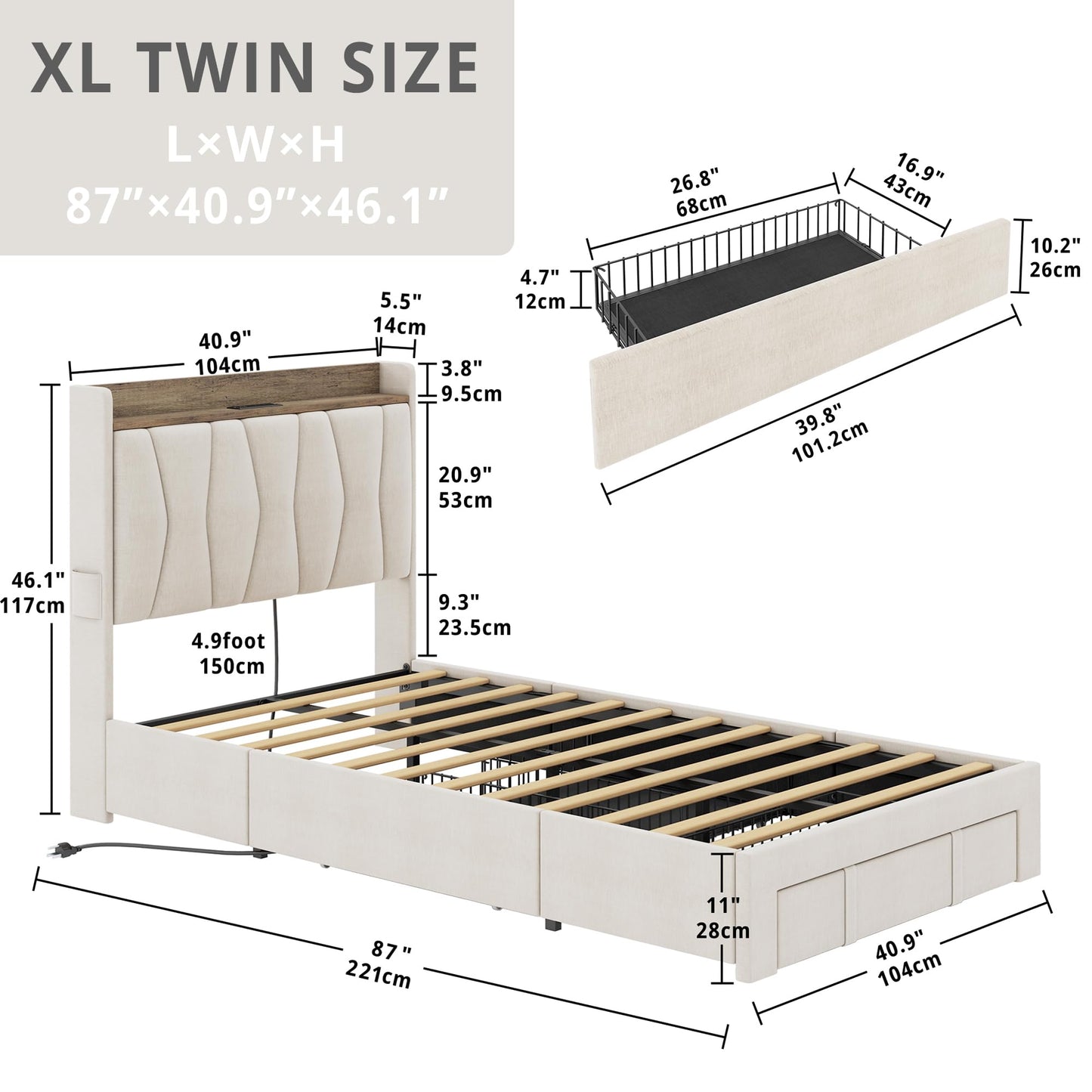 ANCTOR Twin XL Bed Frame with 3 Drawers, Upholstered Platform Bed with Storage Headboard and Charging Station, No Box Spring Needed, Easy Assembly, Beige