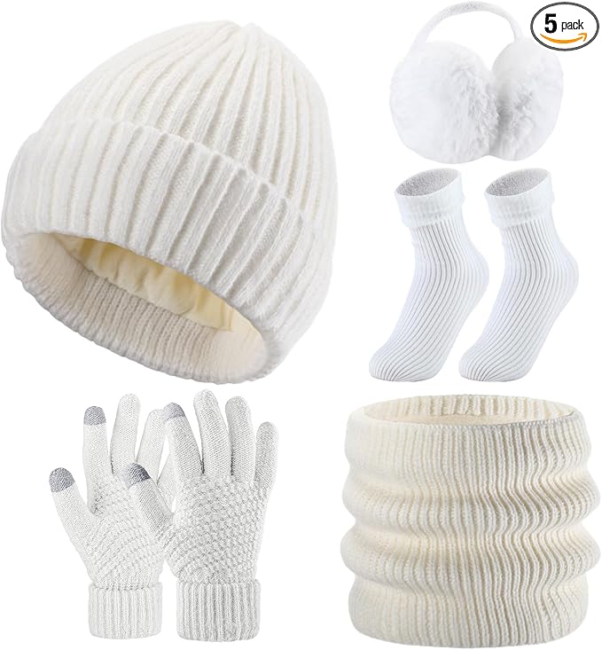 SATINIOR 5 Pcs Winter Beanie Hat Scarf Gloves Set Fleece Lined Knit Hat Warm Touch Screen Gloves Earmuff Warmer for Women(White,Fashion Style)