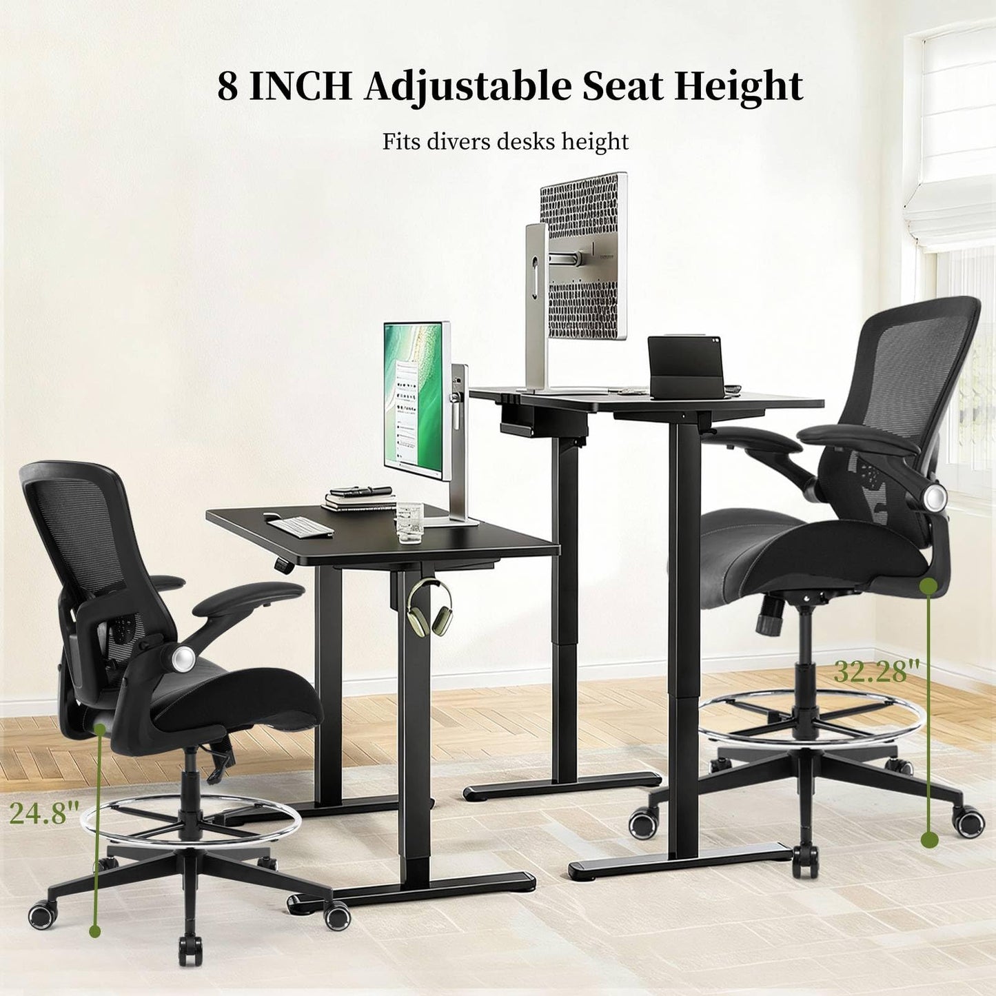 Drafting Chair, Tall Office Chair with PU Leather Seat, Standing Desk Chair Counter Height Office Chairs with 21.65'' Footrest Ring and Adjustable Lumbar Support Armrests Black