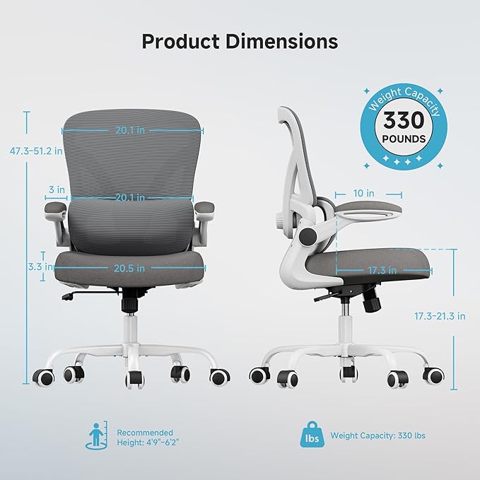 PKPT Mesh Office Chair, 330LBS Ergonomic Desk Chair with Adjustable Lumbar Support, Executive Computer Chairs for Home Office, White and Gray